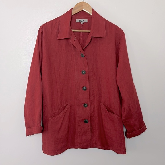 Flax 100% Linen Jacket Button Down Relaxed Fit Rust Coastal Lagenlook Size M - Picture 1 of 9